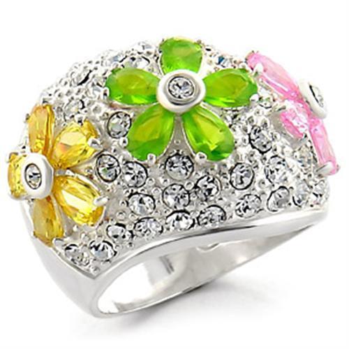 34015 High-Polished 925 Sterling Silver Ring featuring multi-color AAA Grade CZ stones in a pear shape.