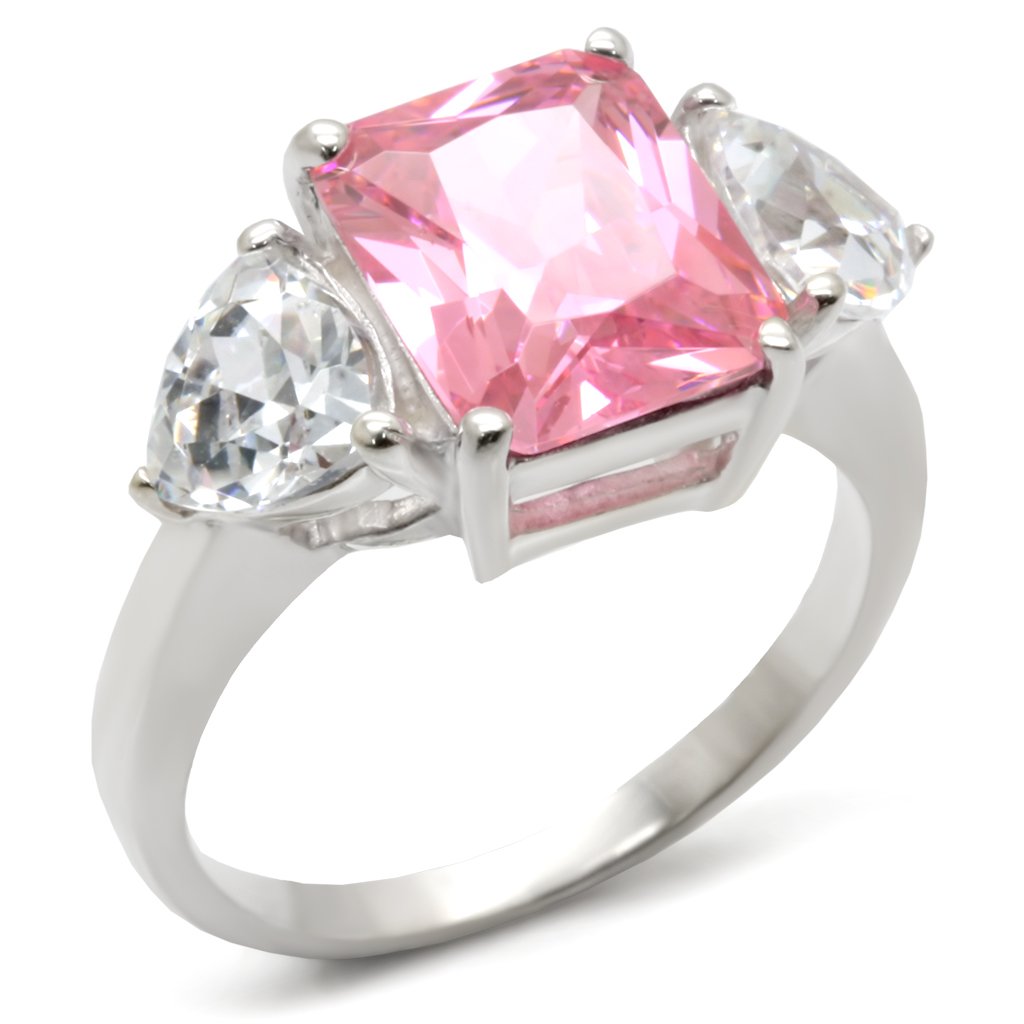 High-polished 925 sterling silver ring featuring a large AAA grade CZ stone in rose color, elegantly designed for a luxurious look.