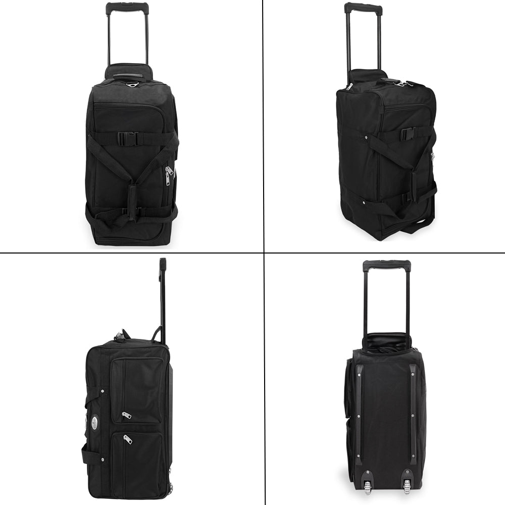 A spacious 36 Inch Deluxe Wheeled Duffel bag with a telescopic handle and three rubberized wheels, showcasing its durable 600D polyester material.