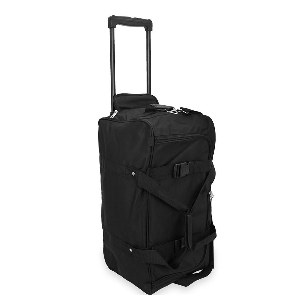 A spacious 36 Inch Deluxe Wheeled Duffel bag with a telescopic handle and three rubberized wheels, showcasing its durable 600D polyester material.