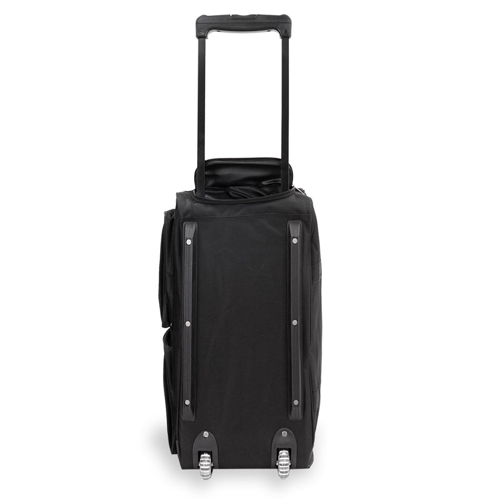 A spacious 36 Inch Deluxe Wheeled Duffel bag with a telescopic handle and three rubberized wheels, showcasing its durable 600D polyester material.