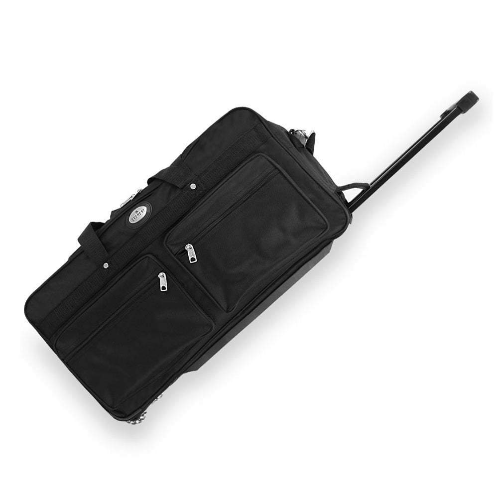 A spacious 36 Inch Deluxe Wheeled Duffel bag with a telescopic handle and three rubberized wheels, showcasing its durable 600D polyester material.