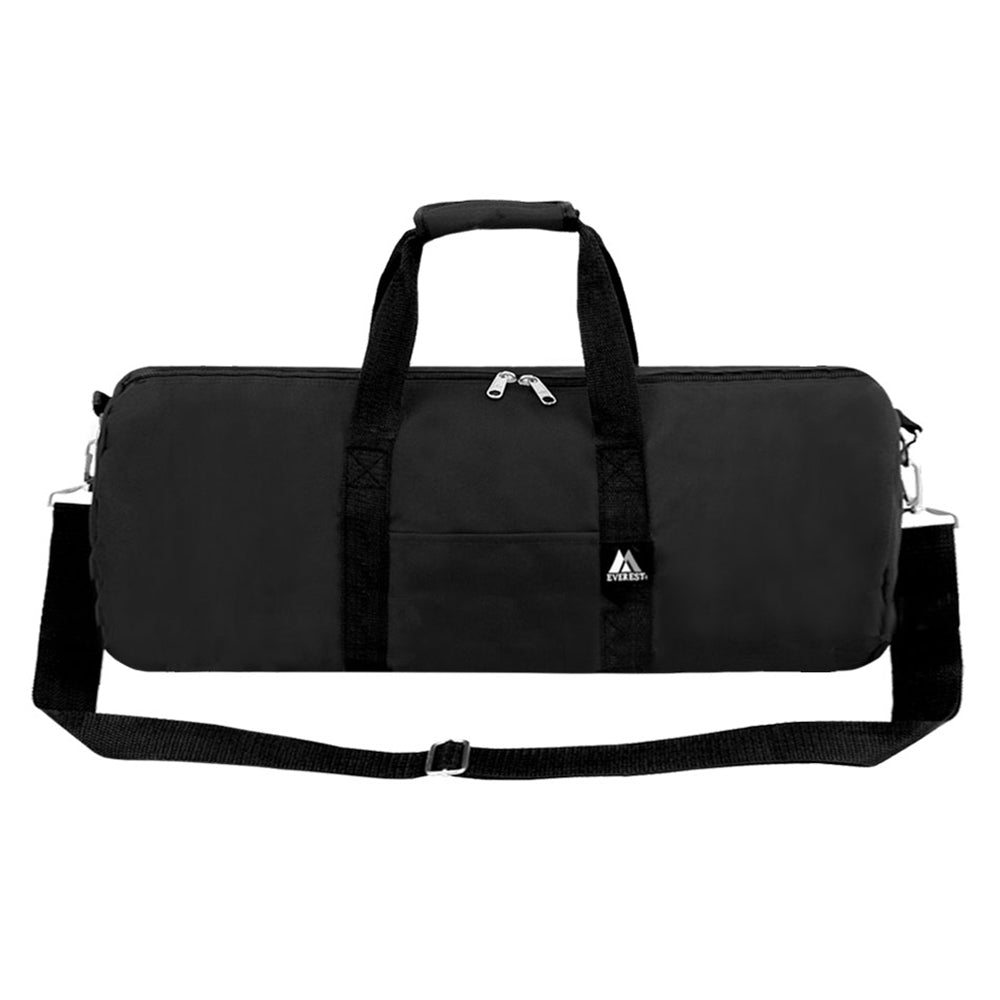 A 36 inch round duffel bag made of heavy-duty 600D polyester, featuring a water-resistant inner lining and a zippered front pocket.