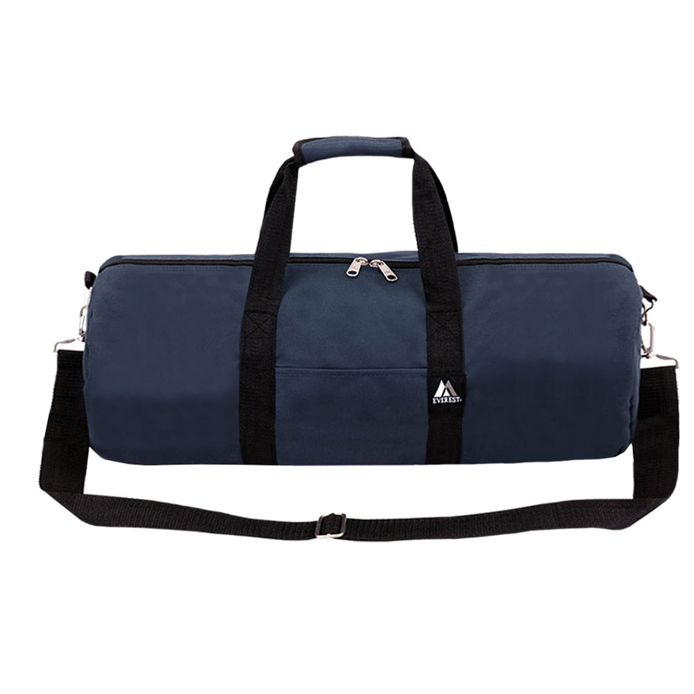 A 36 inch round duffel bag made of heavy-duty 600D polyester, featuring a water-resistant inner lining and a zippered front pocket.