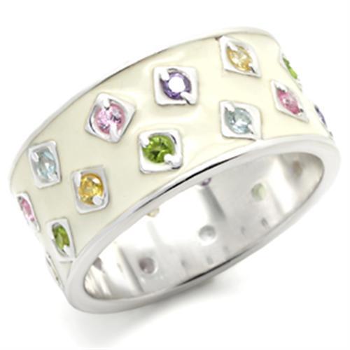 High-polished 925 sterling silver ring featuring multi-color AAA grade CZ stones in a round shape, showcasing elegance and shine.