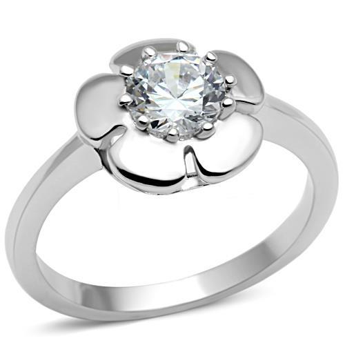 3W041 Rhodium Brass Ring featuring a clear AAA Grade CZ stone, showcasing its elegant design and shiny finish.