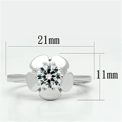 3W041 Rhodium Brass Ring featuring a clear AAA Grade CZ stone, showcasing its elegant design and shiny finish.