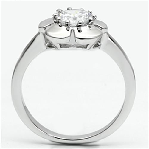 3W041 Rhodium Brass Ring featuring a clear AAA Grade CZ stone, showcasing its elegant design and shiny finish.