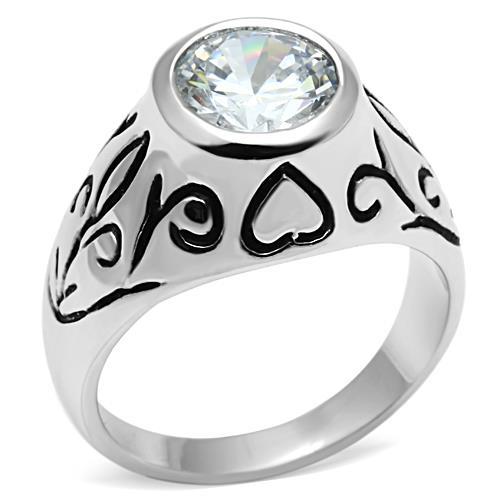 3W057 Rhodium Brass Ring featuring a clear AAA Grade CZ stone, showcasing its elegant design and shiny finish.