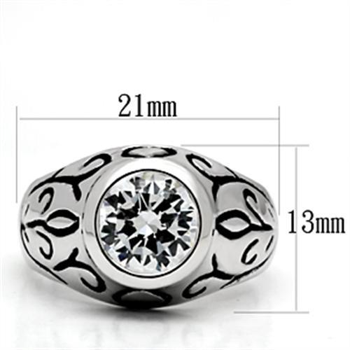 3W057 Rhodium Brass Ring featuring a clear AAA Grade CZ stone, showcasing its elegant design and shiny finish.