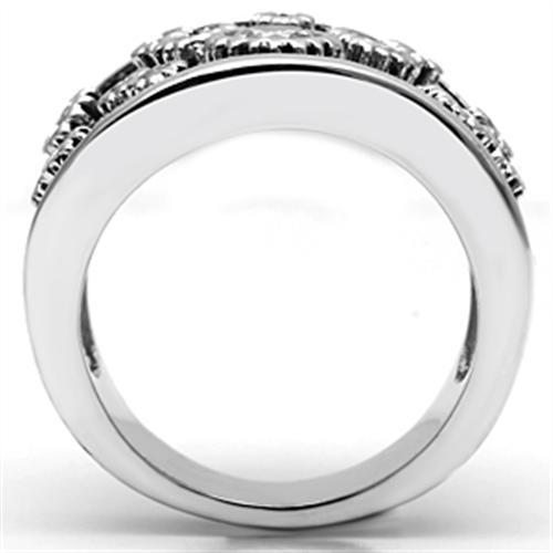 3W059 Rhodium Brass Ring featuring a clear AAA Grade CZ stone, showcasing its elegant design and shiny finish.