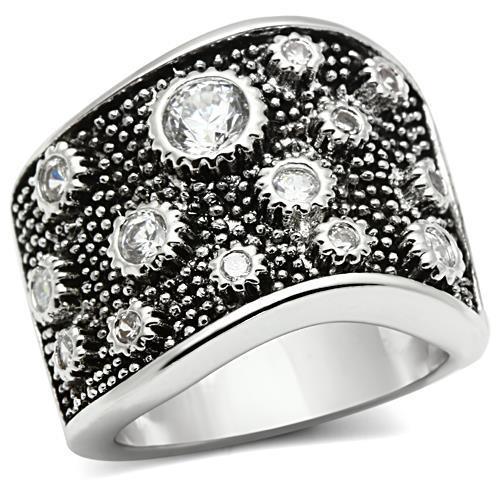 3W059 Rhodium Brass Ring featuring a clear AAA Grade CZ stone, showcasing its elegant design and shiny finish.