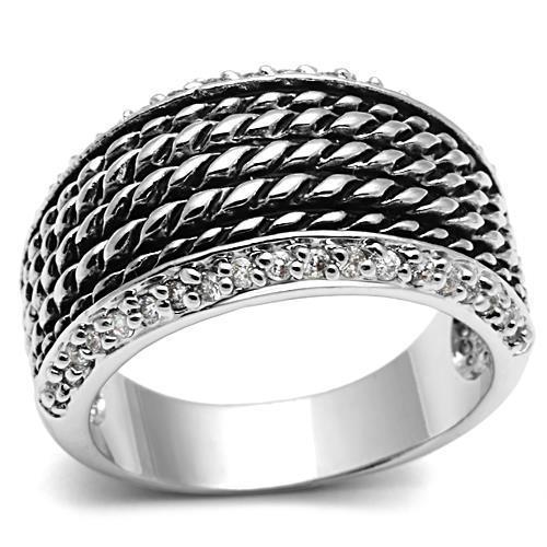 3W065 Rhodium Brass Ring featuring a clear AAA Grade CZ stone, showcasing its elegant design and luxurious finish.