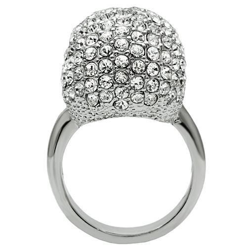 3W008 Rhodium White Metal Ring featuring a clear top grade crystal, showcasing its elegant design and shiny finish.