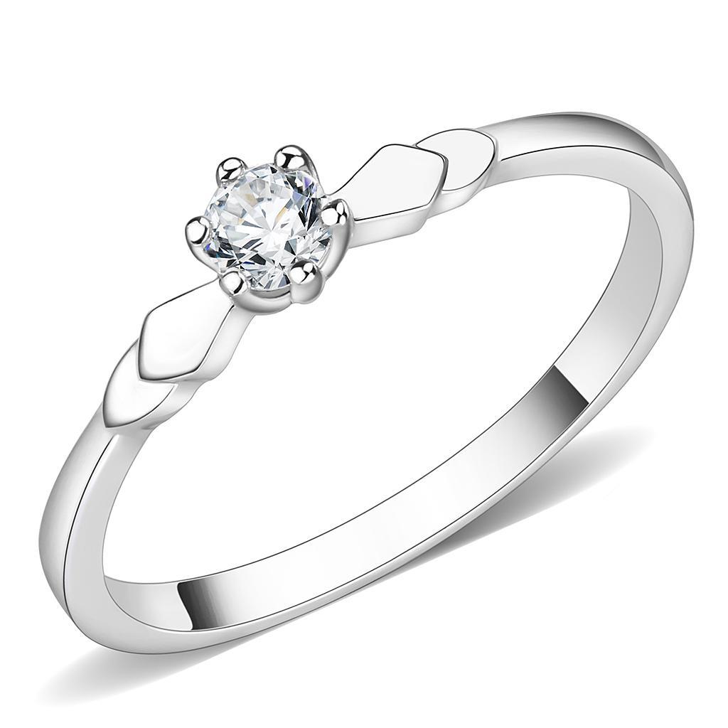 3W110 Rhodium Brass Ring featuring a clear AAA Grade CZ stone, showcasing its elegant design and luxurious finish.