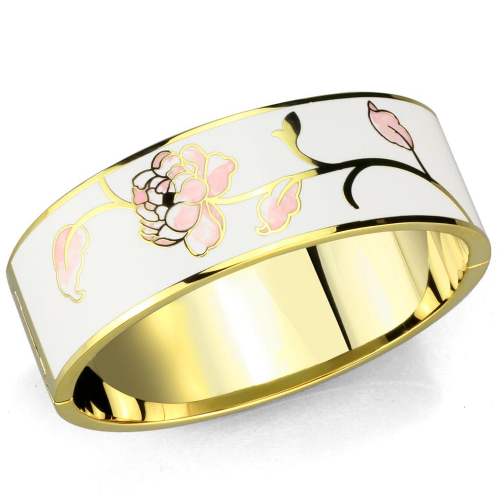 Elegant 3W1017 Gold White Metal Bangle featuring a white epoxy center stone, showcasing a luxurious gold finish.