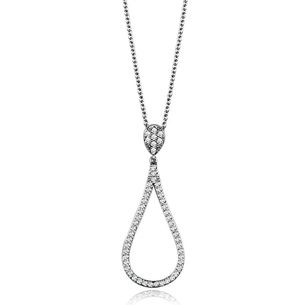 3W1019 Rhodium Brass Chain Pendant featuring a clear AAA Grade CZ stone, showcasing its elegant design and luxurious finish.