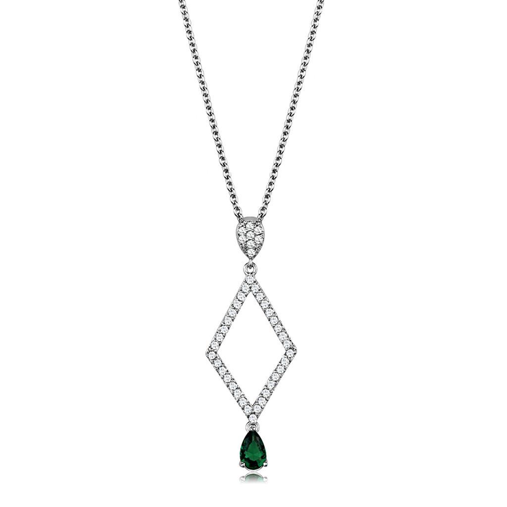 3W1026 Rhodium Brass Chain Pendant featuring an emerald synthetic glass center stone, elegantly designed for modern jewelry lovers.