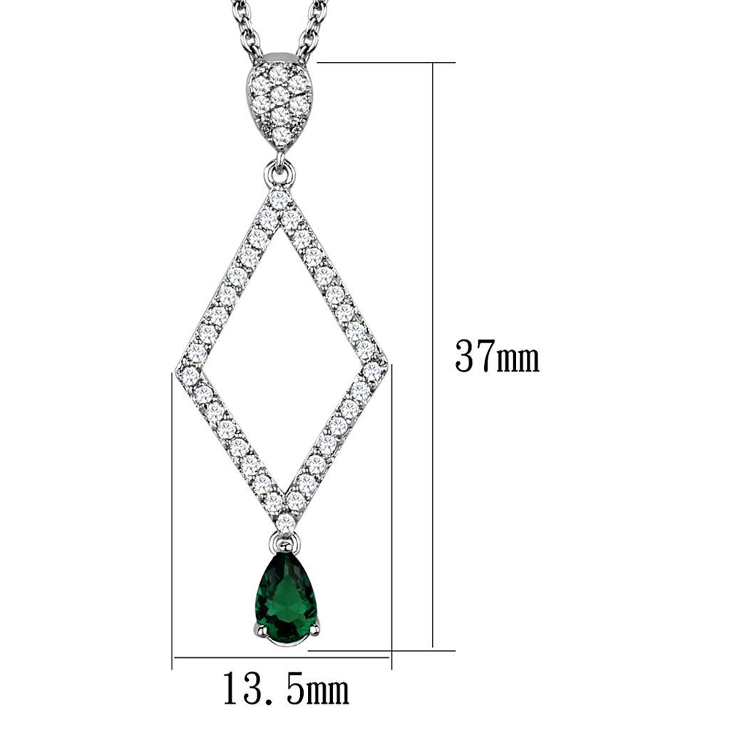 3W1026 Rhodium Brass Chain Pendant featuring an emerald synthetic glass center stone, elegantly designed for modern jewelry lovers.