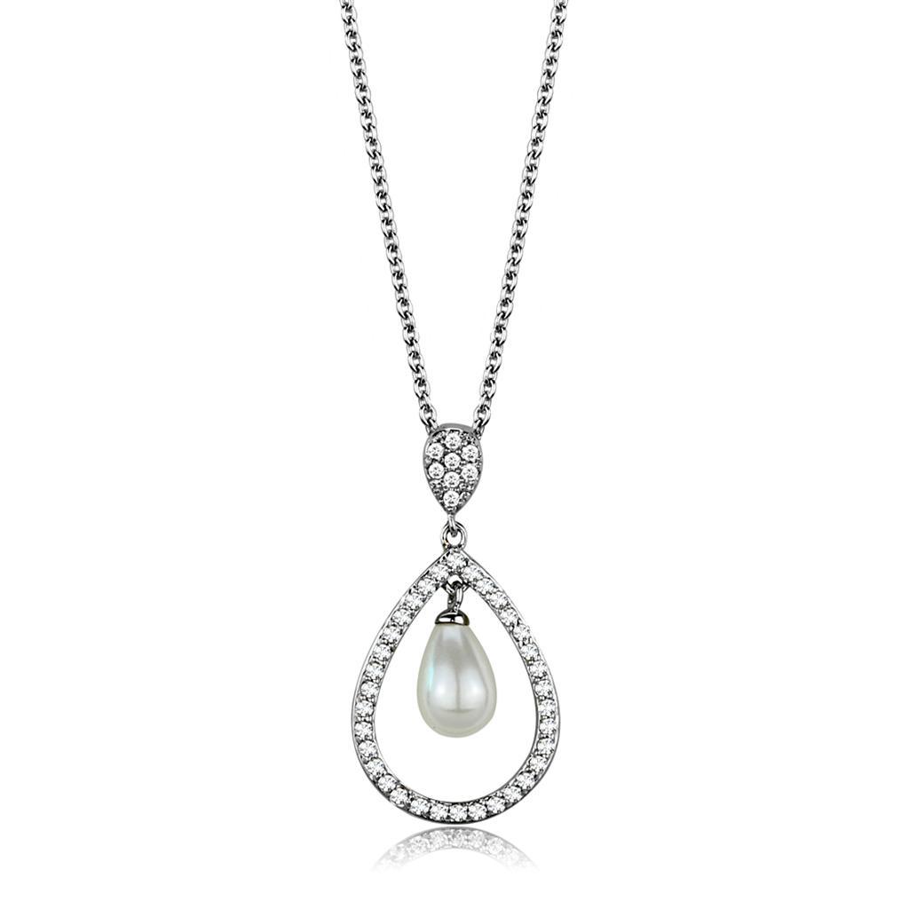 Rhodium brass chain pendant featuring a synthetic white pearl, elegantly designed for versatile wear.