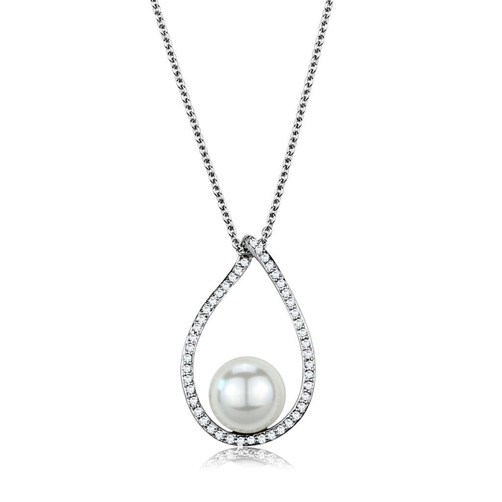 Rhodium brass chain pendant featuring a white synthetic pearl, elegantly designed for versatile wear.