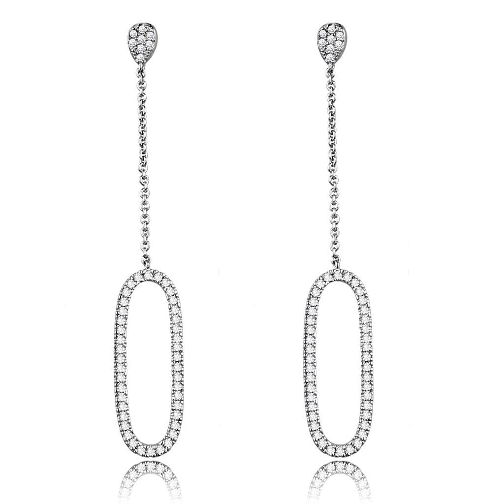 Elegant 3W1058 Rhodium Brass Earrings featuring AAA Grade Clear CZ stone, showcasing a luxurious design.