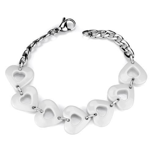 High polished stainless steel bracelet with white ceramic center stone, showcasing a sleek and modern design.