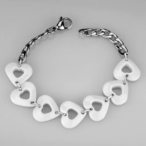 High polished stainless steel bracelet with white ceramic center stone, showcasing a sleek and modern design.