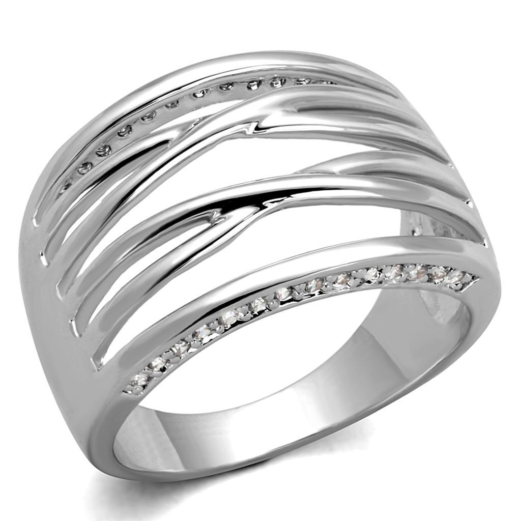 3W1066 Rhodium Brass Ring featuring AAA Grade Clear CZ, showcasing its elegant design and brilliant shine.