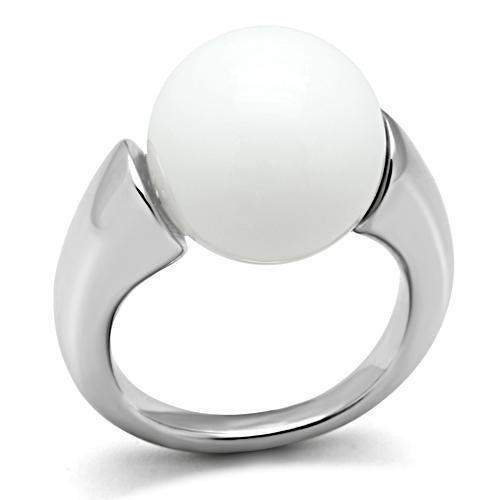 Elegant 3W106 Rhodium Brass Ring featuring a white synthetic glass bead, showcasing its shiny finish and modern design.