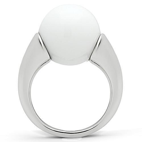 Elegant 3W106 Rhodium Brass Ring featuring a white synthetic glass bead, showcasing its shiny finish and modern design.