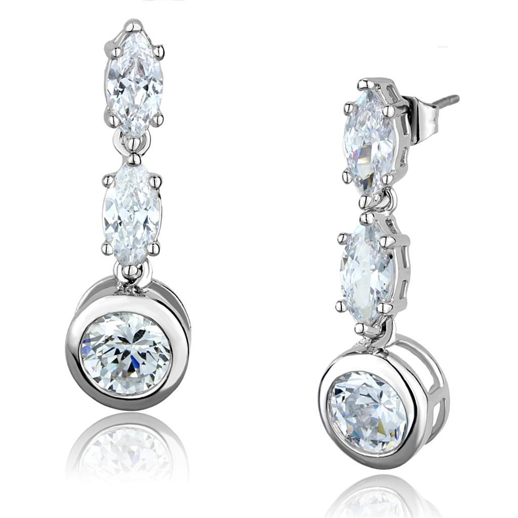 Elegant 3W1060 Rhodium Brass Earrings featuring a clear AAA Grade CZ stone, showcasing a luxurious design.