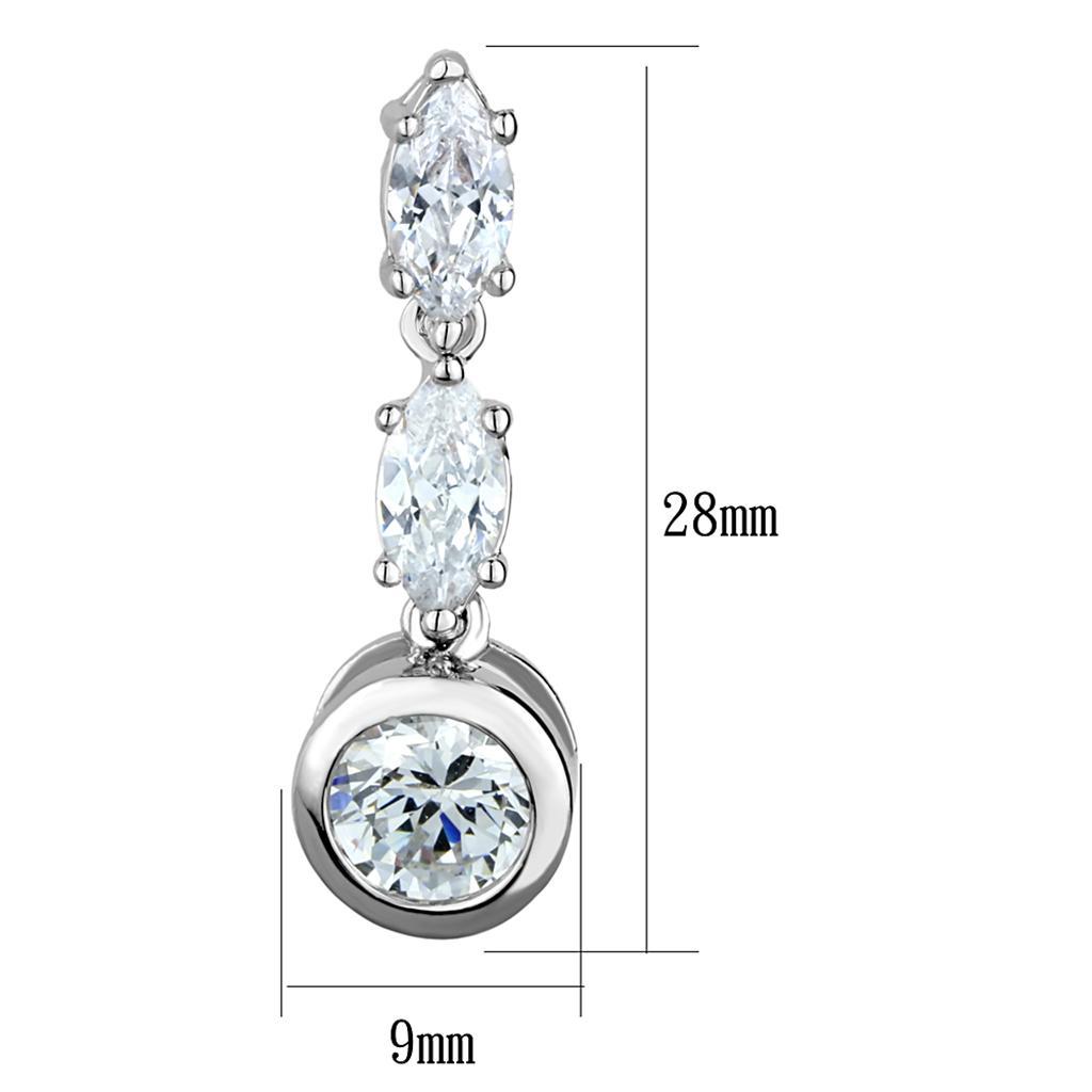 Elegant 3W1060 Rhodium Brass Earrings featuring a clear AAA Grade CZ stone, showcasing a luxurious design.