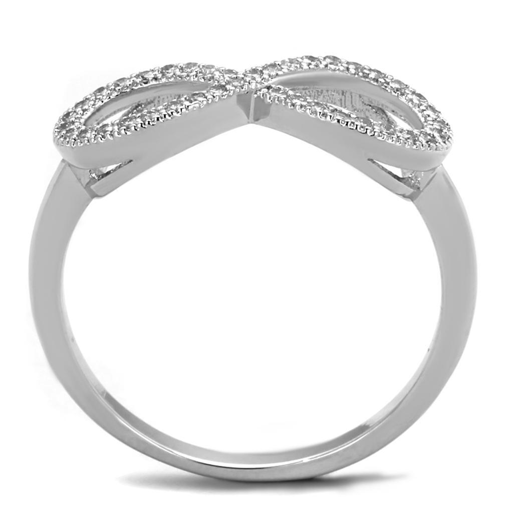 3W1068 Rhodium Brass Ring featuring a clear AAA Grade CZ stone, showcasing its elegant design and shiny finish.