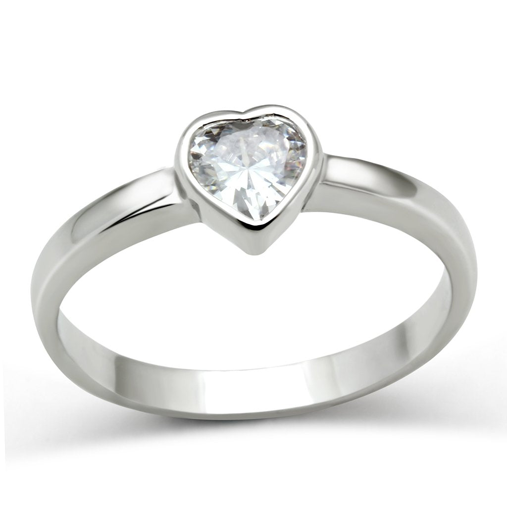 3W107 Rhodium Brass Ring featuring a clear AAA Grade CZ stone, showcasing its elegant design and shiny finish.