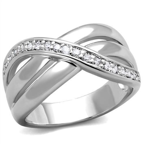 3W1071 Rhodium Brass Ring featuring a clear AAA Grade CZ stone, showcasing its elegant design and shiny finish.