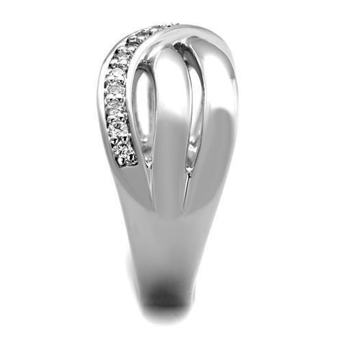 3W1071 Rhodium Brass Ring featuring a clear AAA Grade CZ stone, showcasing its elegant design and shiny finish.