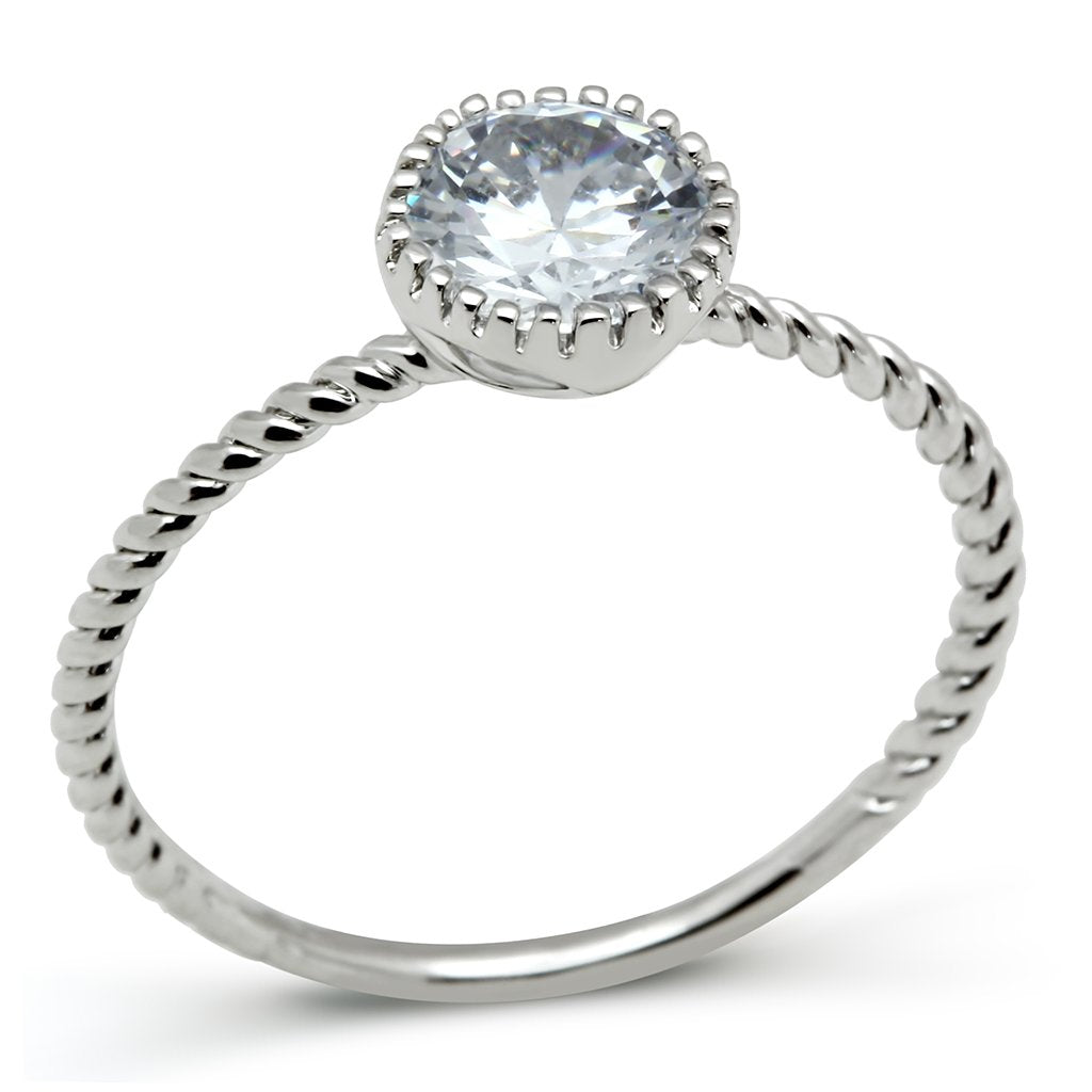 3W108 Rhodium Brass Ring featuring a clear AAA Grade CZ stone, showcasing its elegant design and luxurious finish.