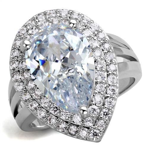 3W1085 Rhodium Brass Ring featuring a large AAA Grade Clear CZ stone, showcasing its elegant design and luxurious finish.