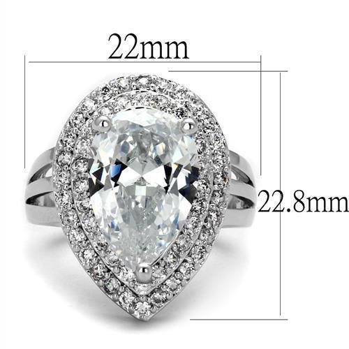 3W1085 Rhodium Brass Ring featuring a large AAA Grade Clear CZ stone, showcasing its elegant design and luxurious finish.