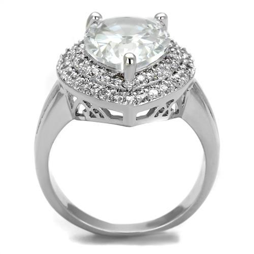 3W1085 Rhodium Brass Ring featuring a large AAA Grade Clear CZ stone, showcasing its elegant design and luxurious finish.