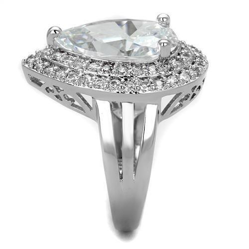 3W1085 Rhodium Brass Ring featuring a large AAA Grade Clear CZ stone, showcasing its elegant design and luxurious finish.