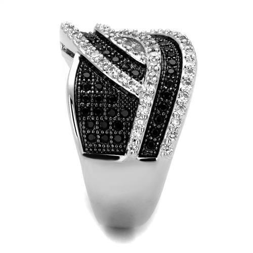 3W1090 Rhodium and Ruthenium Brass Ring featuring AAA Grade CZ in Black Diamond, showcasing its elegant design and luxurious finish.