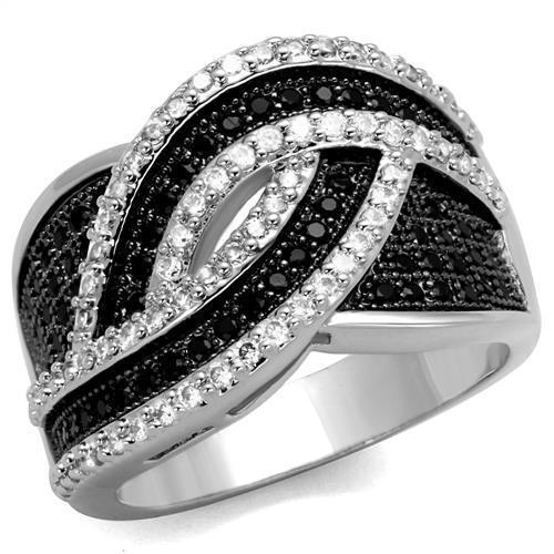 3W1090 Rhodium and Ruthenium Brass Ring featuring AAA Grade CZ in Black Diamond, showcasing its elegant design and luxurious finish.