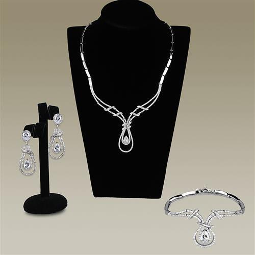 3W1095 Rhodium Brass Jewelry Set featuring AAA Grade CZ stones, showcasing elegant design and clear sparkling stones.