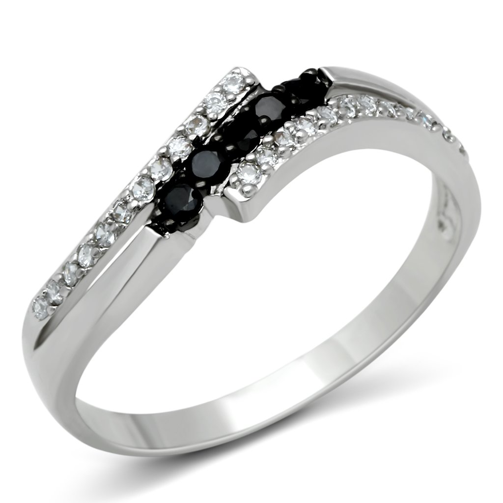 3W122 Rhodium and Ruthenium Brass Ring featuring AAA Grade CZ stone in jet color, showcasing elegance and durability.