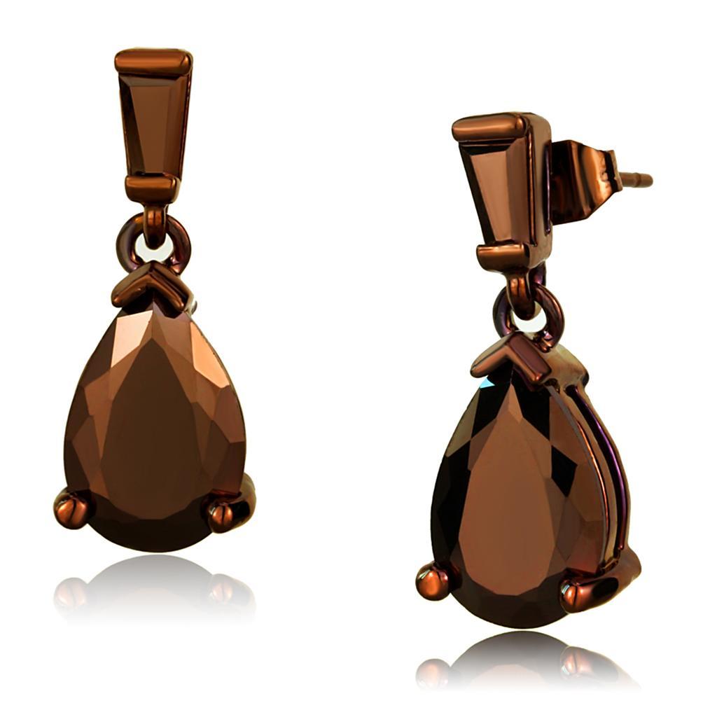 Elegant 3W1120 IP Coffee light Brass Earrings featuring AAA Grade CZ stones in light coffee color, showcasing their stylish design.