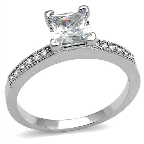 3W1209 Rhodium Brass Ring featuring a clear AAA Grade CZ stone, showcasing its elegant design and shiny finish.