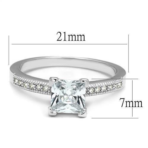 3W1209 Rhodium Brass Ring featuring a clear AAA Grade CZ stone, showcasing its elegant design and shiny finish.