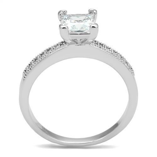 3W1209 Rhodium Brass Ring featuring a clear AAA Grade CZ stone, showcasing its elegant design and shiny finish.